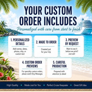 May include: A digital graphic with a tropical beach background and a cruise ship, detailing custom order steps: 1. Personalized Details, 2. Made to Order, 3. Preview by Request, 4. Custom Order Previews, and 5. Careful Production, with text at the bottom.
