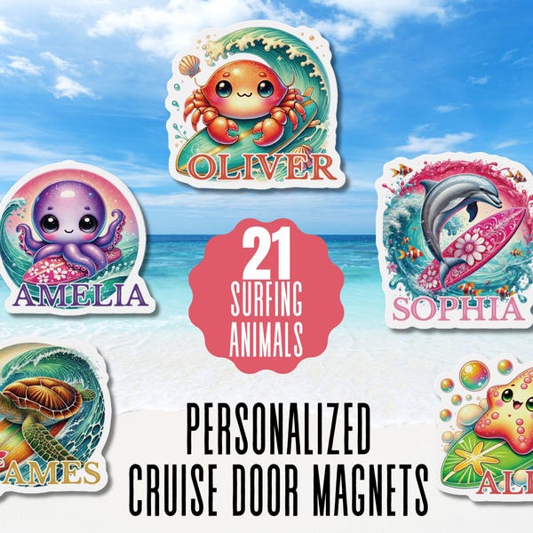 Personalized Surfing Animal Cruise Magnet Custom Ocean Animal Magnet Cute Surfboard Magnet Cruise Door Decor Tropical Beach Magnet