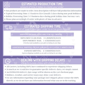 May include: A purple graphic with text detailing estimated production and shipping times for orders. Information includes processing times, shipping options, and a disclaimer about potential shipping delays.