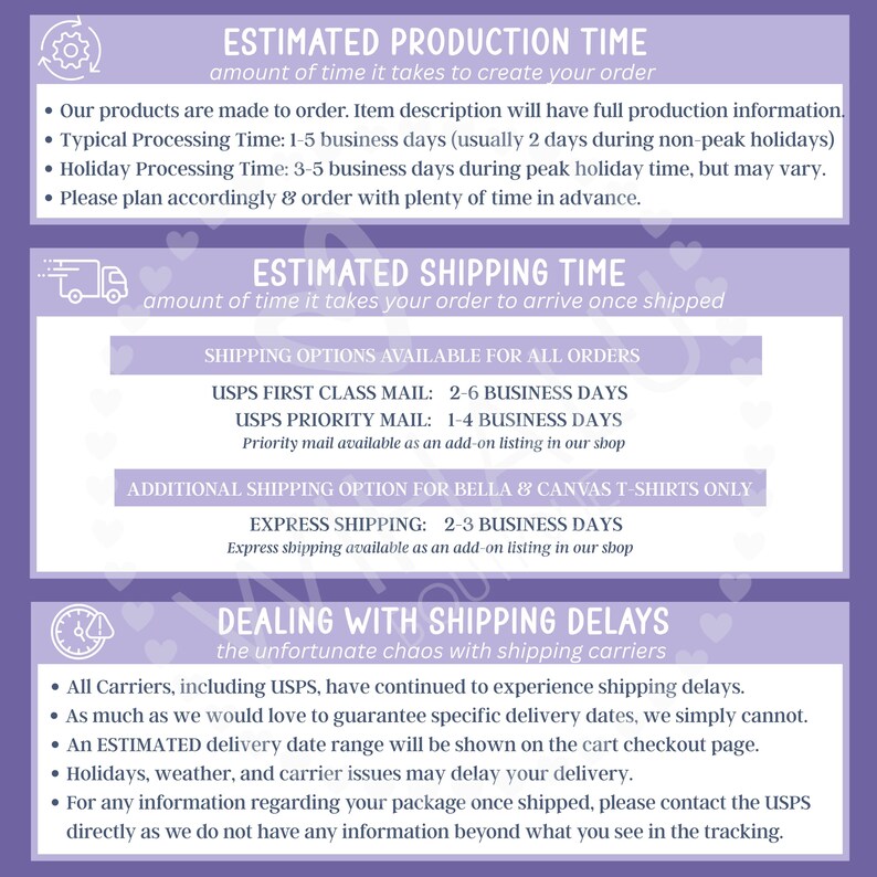 May include: A purple and white informational graphic with text about estimated production and shipping times. It details processing times, shipping options, and potential delays. The text includes information about USPS First Class, Priority, and Express shipping.