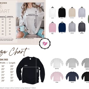 Pode incluir: Tabela de tamanhos para sweatshirts e t-shirts de manga comprida Gildan 18000 e Gildan 2400. A tabela mostra as medidas de largura e comprimento em polegadas para os tamanhos S a 3XL. A imagem tamb&eacute;m mostra uma variedade de cores dispon&iacute;veis para cada estilo.