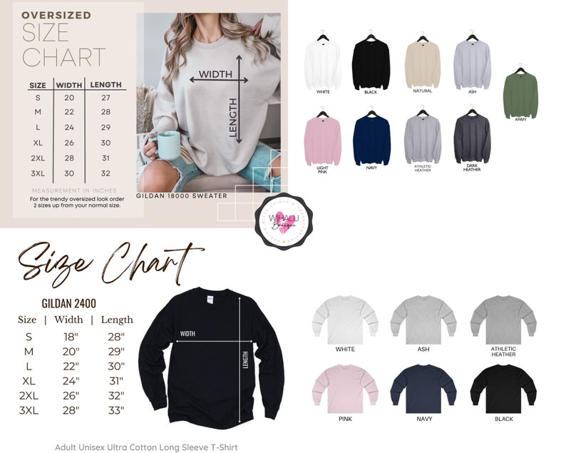 Pode incluir: Tabela de tamanhos para sweatshirts e t-shirts de manga comprida Gildan 18000 e Gildan 2400. A tabela mostra as medidas de largura e comprimento em polegadas para os tamanhos S a 3XL. A imagem tamb&eacute;m mostra uma variedade de cores dispon&iacute;veis para cada estilo.