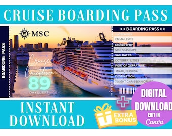 May include: A printable cruise boarding pass template featuring a photo of a cruise ship. The template includes the text "Cruise Boarding Pass", "MSC Seascape", "October 1, 2023", "Miami, Florida", and "7 Night Caribbean Cruise".