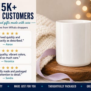 May include: A plain white ceramic mug sits on a wooden coaster. The image features text stating 15K+ HAPPY CUSTOMERS, Personalized gifts made with care, and Real reviews from Wihalu shoppers, alongside three five-star reviews and text at the bottom.