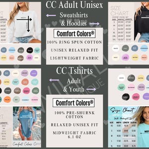 Peut inclure: Une collection de tableaux des tailles pour v&ecirc;tements Comfort Colors, incluant sweats, hoodies et t-shirts unisexes. Les tableaux indiquent les largeurs et longueurs en pouces pour les tailles S &agrave; 3XL, avec des &eacute;chantillons de couleurs et des d&eacute;tails sur le tissu, dont 100% coton fil&eacute; &agrave; l'anneau et un grammage de 6,1 oz.