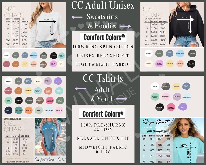 Peut inclure: Une collection de tableaux des tailles pour v&ecirc;tements Comfort Colors, incluant sweats, hoodies et t-shirts unisexes. Les tableaux indiquent les largeurs et longueurs en pouces pour les tailles S &agrave; 3XL, avec des &eacute;chantillons de couleurs et des d&eacute;tails sur le tissu, dont 100% coton fil&eacute; &agrave; l'anneau et un grammage de 6,1 oz.