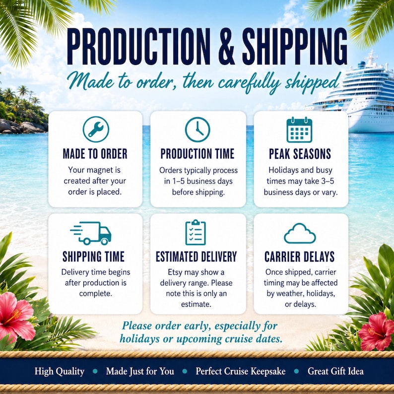 May include: An informational graphic titled PRODUCTION & SHIPPING with a tropical beach and cruise ship background. It features six white squares with icons and text explaining made to order, production time, peak seasons, shipping, and delivery.