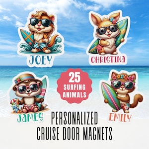 Custom Name Cruise Door Magnets Cute Surfing Animals Magnet Door Decoration Tropical Cruise Gift for Kids Cruise Magnets Travel Accessories