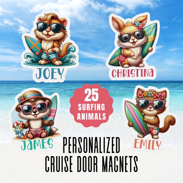 Custom Name Cruise Door Magnets Cute Surfing Animals Magnet Door Decoration Tropical Cruise Gift for Kids Cruise Magnets Travel Accessories