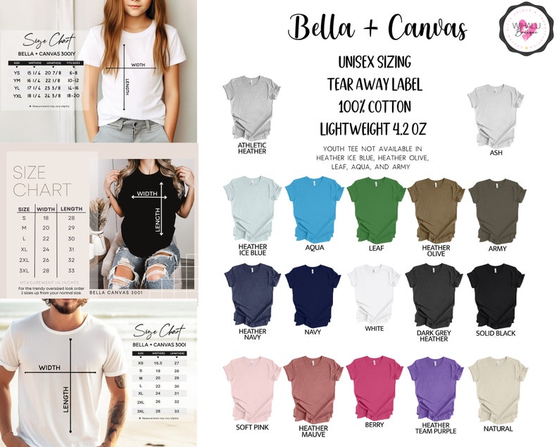 Pode incluir: Tabela de tamanhos para camisetas unissex Bella + Canvas 300Y. A tabela mostra as medidas de largura e comprimento em polegadas para os tamanhos YS a 3XL. A tabela tamb&eacute;m inclui uma variedade de op&ccedil;&otilde;es de cores para as camisetas, incluindo cinza atl&eacute;tico, azul gelo mesclado, &aacute;gua, folha, oliva mesclado, ex&eacute;rcito, azul marinho mesclado, branco, cinza escuro mesclado, preto s&oacute;lido, rosa suave, malva mesclado, baya, roxo mesclado de equipe e natural.
