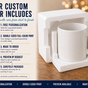May include: A plain white ceramic mug secured inside a white molded polystyrene protective shipping box. To the left, text lists order details including free personalization, double-sided full-color print, made to order, and preview options.