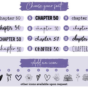 May include: A font and icon selection chart featuring the text Choose your font and Add an icon. It displays twelve numbered font styles showing the text chapter 50 and ten lettered icons including hearts, a bow, flowers, a butterfly, and books.