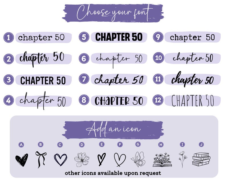 May include: A font and icon selection chart featuring the text Choose your font and Add an icon. It displays twelve numbered font styles showing the text chapter 50 and ten lettered icons including hearts, a bow, flowers, a butterfly, and books.