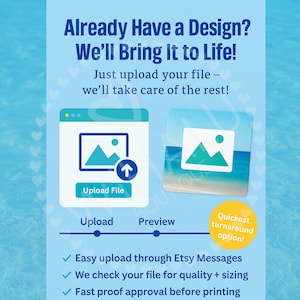 May include: A light blue informational graphic with dark blue text reading Already Have a Design? We'll Bring It to Life! It shows an upload icon, a preview square, and a process line. A yellow circle states Quickest turnaround option! with checkmarks.