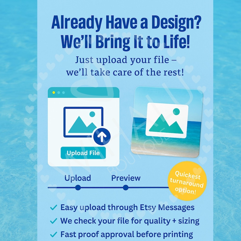 May include: A light blue informational graphic with dark blue text reading Already Have a Design? We'll Bring It to Life! It shows an upload icon, a preview square, and a process line. A yellow circle states Quickest turnaround option! with checkmarks.