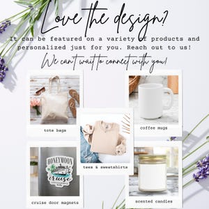 K&ouml;nnte beinhalten: Werbung, die verschiedene Produkte mit einem Design zeigt, darunter Tragetaschen, Kaffeetassen, T-Shirts und Sweatshirts, Kreuzfahrt-T&uuml;r-Magnete und Duftkerzen. Der Text lautet "Love the design?" und "We can't wait to connect with you!"