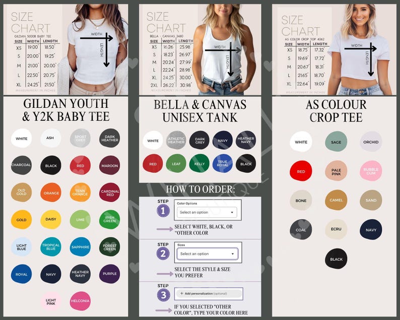 Peut inclure: Un graphique informatif &agrave; plusieurs panneaux affichant des tableaux de tailles pour un t-shirt b&eacute;b&eacute; Gildan, un d&eacute;bardeur unisexe Bella & Canvas et un t-shirt court AS Colour, avec des &eacute;chantillons de couleurs et un guide de commande en trois &eacute;tapes.
