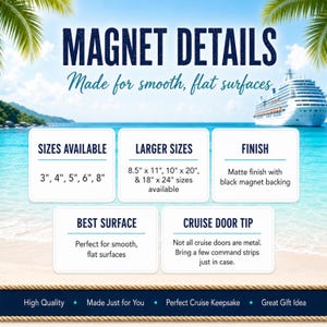 May include: An informational graphic titled MAGNET DETAILS with text listing sizes 3, 4, 5, 6, 8 inches, and larger sizes 8.5 x 11, 10 x 20, and 18 x 24 inches. It specifies a matte finish with black magnet backing for smooth, flat surfaces.