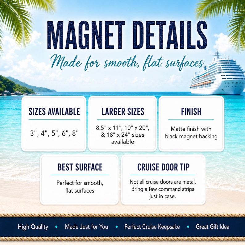 May include: An informational graphic titled MAGNET DETAILS with text listing sizes 3, 4, 5, 6, 8 inches, and larger sizes 8.5 x 11, 10 x 20, and 18 x 24 inches. It specifies a matte finish with black magnet backing for smooth, flat surfaces.