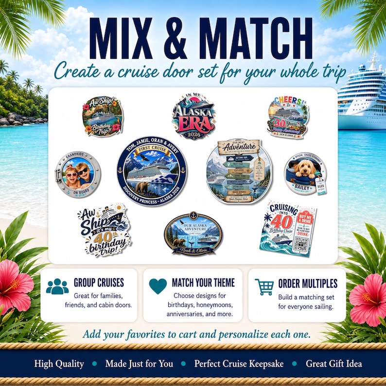 May include: A collection of circular and rectangular cruise door magnets featuring various designs including cruise ships, mountains, and text such as 'Aw Ship', 'Alaska Era 2026', 'First Cruise', 'Our Next Adventure', and 'Cruising into 40'.
