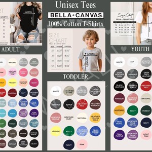 Peut inclure: Un tableau des tailles et des couleurs pour t-shirts unisexes Bella+Canvas, incluant des guides pour adultes, jeunes et tout-petits avec des tableaux de mesures en pouces et une grille compl&egrave;te d'&eacute;chantillons de couleurs circulaires.