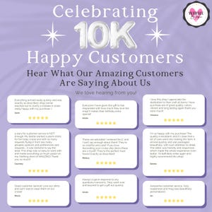 May include: A promotional graphic with the text "Celebrating 10K+ Happy Customers." Customer testimonials are displayed in white boxes against a light purple background. The shop's logo is in the upper right corner.