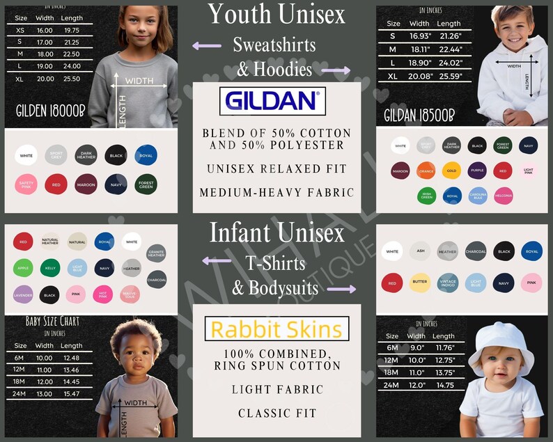 Peut inclure: Un tableau des tailles et des couleurs pour v&ecirc;tements d'enfants et de nourrissons pr&eacute;sentant les sweats Gildan 18000B, les sweats &agrave; capuche 18500B, ainsi que les t-shirts et bodys Rabbit Skins avec mesures en pouces et &eacute;chantillons de couleurs.