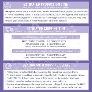 Puede incluir: Gr&aacute;fico p&uacute;rpura con texto que detalla los tiempos estimados de producci&oacute;n y env&iacute;o de los pedidos. La informaci&oacute;n incluye los tiempos de procesamiento, las opciones de env&iacute;o y una nota sobre posibles retrasos.