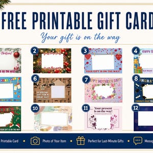 Peut inclure: Une collection de douze mod&egrave;les de cartes-cadeaux imprimables avec divers th&egrave;mes comme No&euml;l, les anniversaires, les remises de dipl&ocirc;mes et les f&ecirc;tes. Chaque carte comporte un espace blanc pour une photo et le texte Your gift is on the way.