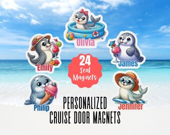 May include: A set of 24 personalized seal magnets for cruise doors featuring cartoon seals with names like Olivia, Emily, James, Philip, and Jennifer. The seals are depicted with items like a pool, cocktails, ice cream, and hats against a beach background.