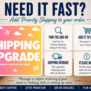 May include: A graphic sign with the text NEED IT FAST? Add Priority Shipping to your order. The sign features a pink and yellow gradient background with white clouds, a plane, and palm trees, alongside four white boxes with icons and instructions.