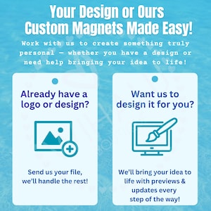 May include: A light blue informational graphic for custom magnets. The text reads: Your Design or Ours Custom Magnets Made Easy! Work with us to create something truly personal. It features two columns with icons for uploading files or requesting custom designs.