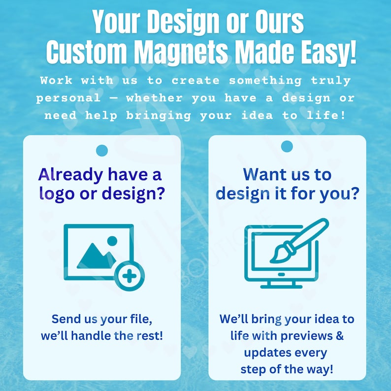 May include: A light blue informational graphic for custom magnets. The text reads: Your Design or Ours Custom Magnets Made Easy! Work with us to create something truly personal. It features two columns with icons for uploading files or requesting custom designs.