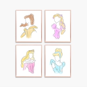 Puede incluir: Conjunto de cuatro impresiones de arte imprimibles con dibujos de línea de princesas Disney: Bella, Rapunzel, Aurora y Cenicienta. Cada princesa está representada en un estilo simple y elegante con un fondo de acuarela.