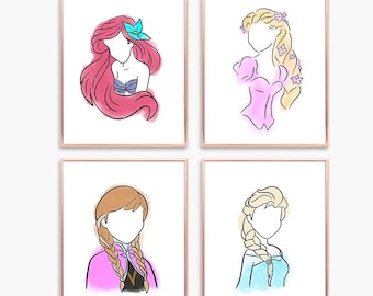 Láminas de princesas / Juego de 4 / Decoración de pared para habitación de bebé / Decoración de habitación de niña / Arte de princesas para habitación de bebé / Princesa vintage / DESCARGA INSTANTÁNEA