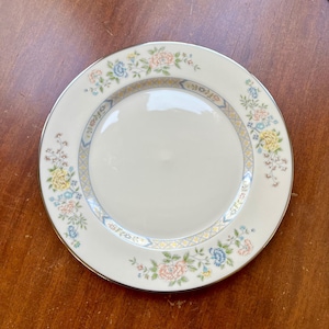 May include: White ceramic plate with a floral design in pastel colors, including pink, blue, and yellow. The plate has a silver rim and a decorative border. The floral pattern is arranged around the edge of the plate.