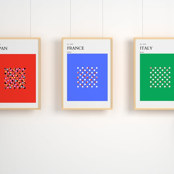 Digital-Wall-Art, Set of 3. Inspired by Yayoi Kusama - Abstracts representation of Japan, France, and Italy - Perfect color pop for a home