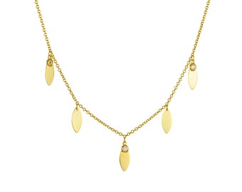 Fashionable charmed necklace with glossy oval motifs decorated with clear zirgonia made of yellow gold 14ct