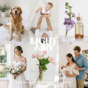 May include: A collection of six bright, high-key photographs featuring a golden retriever, a parent lifting a baby, a glass dropper bottle with flowers, a person in a white wedding dress, pink tulips, and a couple holding a newborn baby.