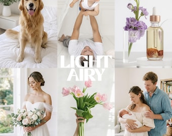 Könnte beinhalten: Eine Sammlung von sechs hellen, lichtdurchfluteten Fotografien mit einem Golden Retriever, einem Elternteil, das ein Baby hochhebt, einer Glastropfflasche mit Blumen, einer Person im Brautkleid, rosa Tulpen und einem Paar mit Neugeborenem.