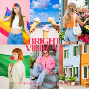 May include: A collage of six images featuring a person with rainbow hair holding a pride flag, three ice cream cones at a beach, a person in an orange top with a white bag, a person with a pink flower, a person in a pink blazer, and colorful buildings.