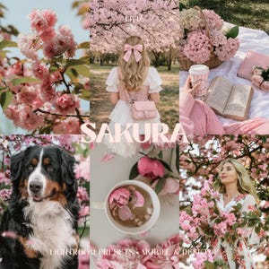 Op de afbeelding: Een collage met roze kersenbloesems, een persoon met een roze haarlint, een picknick met een boek en bloemen, een Berner Sennenhond, een kopje thee met bloemblaadjes en een bloemenjurk, met de tekst SAKURA LIGHTROOM PRESETS.