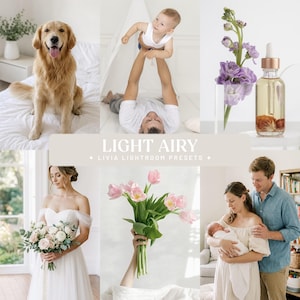 Könnte beinhalten: Eine Collage aus sechs Fotos mit einem Golden Retriever, einem Elternteil, das ein Baby hochhebt, einer Glasflasche mit Pipette, einer Person im weißen Brautkleid mit Blumen, rosa Tulpen und einem Paar mit Neugeborenem, mit dem Text LIGHT AIRY LIVIA LIGHTROOM PRESETS.