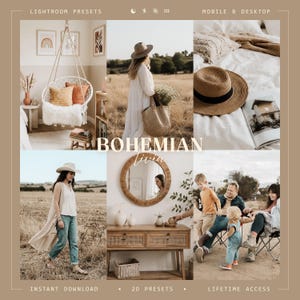 May include: A digital collection of Lightroom presets titled Bohemian Livia, featuring six photographic panels displaying indoor and outdoor scenes with warm, neutral tones, including a hanging chair, a field, a hat, and family portraits.