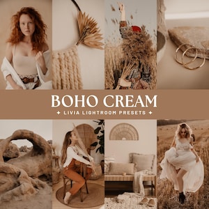 Puede incluir: Un collage digital con el texto BOHO CREAM LIVIA LIGHTROOM PRESETS. Las imágenes muestran a una persona con cabello rojo, un tapiz con flores secas, una persona en un campo, pendientes de aro dorados, formaciones rocosas, una persona con peto, un interior y una persona con vestido blanco.