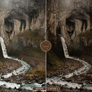 May include: A before and after image showing a waterfall flowing through a rocky landscape. The image on the left is darker and more muted, while the image on the right is brighter and more vibrant.
