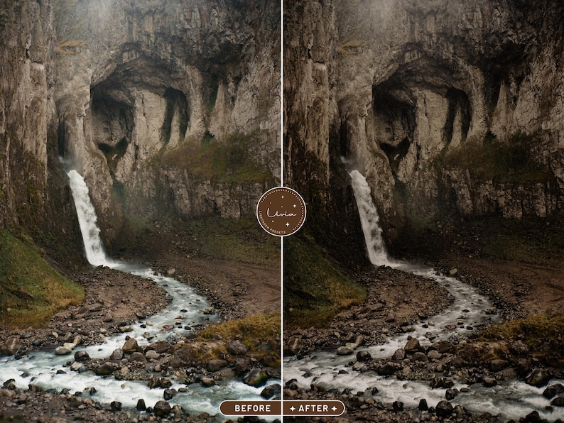 May include: A before and after image showing a waterfall flowing through a rocky landscape. The image on the left is darker and more muted, while the image on the right is brighter and more vibrant.