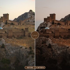 May include: A before and after image showing the difference in color and contrast of a photo of a stone castle on a hill. The image on the left is the before image and the image on the right is the after image. The after image has warmer tones and more contrast.