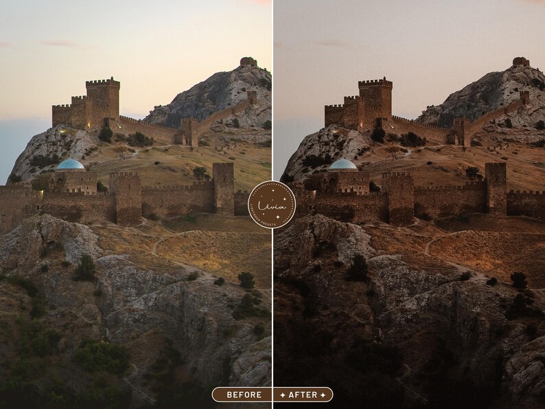 May include: A before and after image showing the difference in color and contrast of a photo of a stone castle on a hill. The image on the left is the before image and the image on the right is the after image. The after image has warmer tones and more contrast.