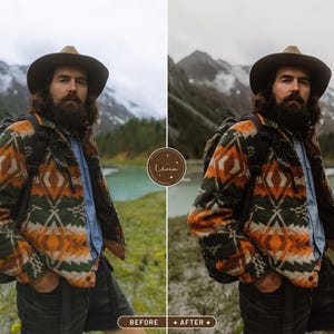 May include: A person wearing a brown hat and a patterned jacket with a backpack. The person is standing in a mountainous landscape with a lake in the background.
